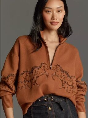 Maeve Anthropologie Horse Print Sweater XS Brown Equestrian Knit Zip